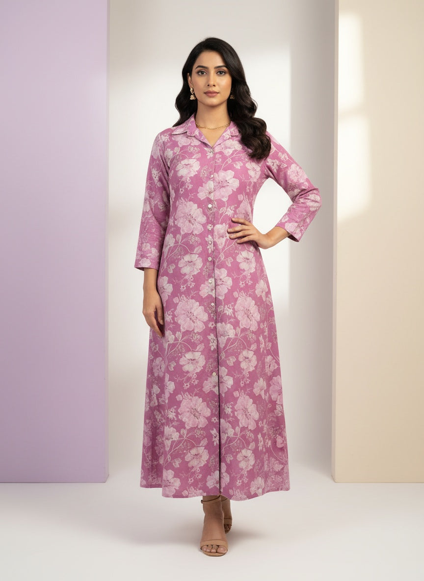 Women's Pink Floral Co-ord Set – Long Kurti with Matching Pants | Stylish Ethnic Wear