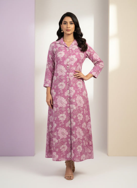 Women's Pink Floral Co-ord Set – Long Kurti with Matching Pants | Stylish Ethnic Wear