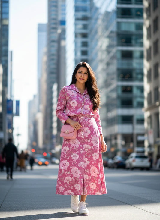 Women's Pink Floral Co-ord Set – Long Kurti with Matching Pants | Stylish Ethnic Wear
