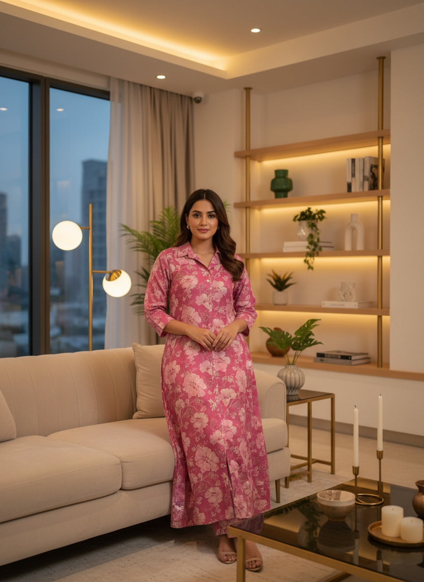 Women's Pink Floral Co-ord Set – Long Kurti with Matching Pants | Stylish Ethnic Wear