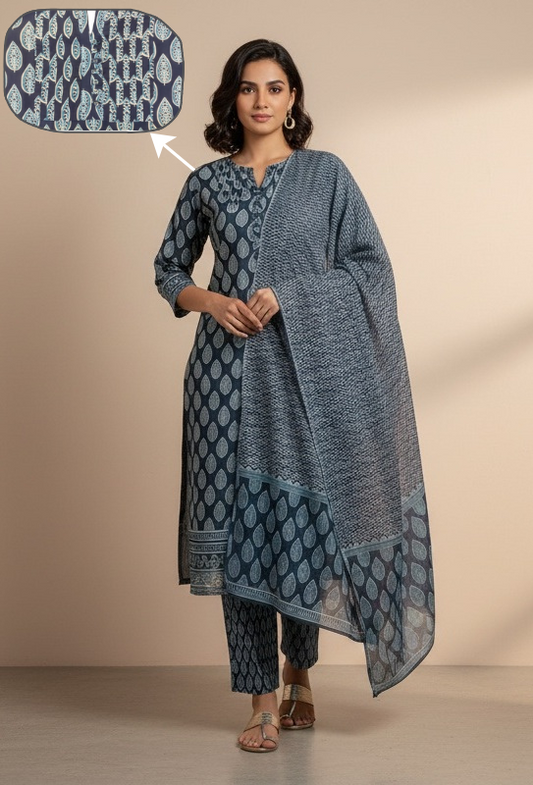Women's Navy Blue Printed Kurta Set with Dupatta – 3-Piece Ethnic Suit Set