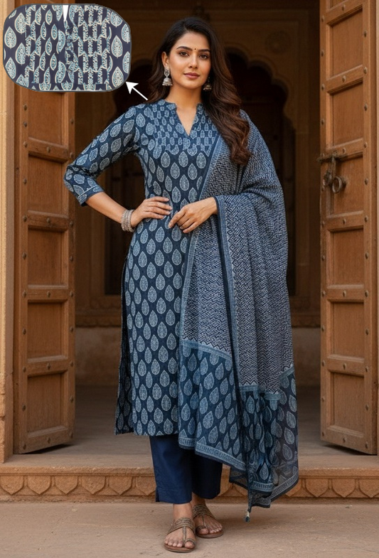 Women's Navy Blue Printed Kurta Set with Dupatta – 3-Piece Ethnic Suit Set