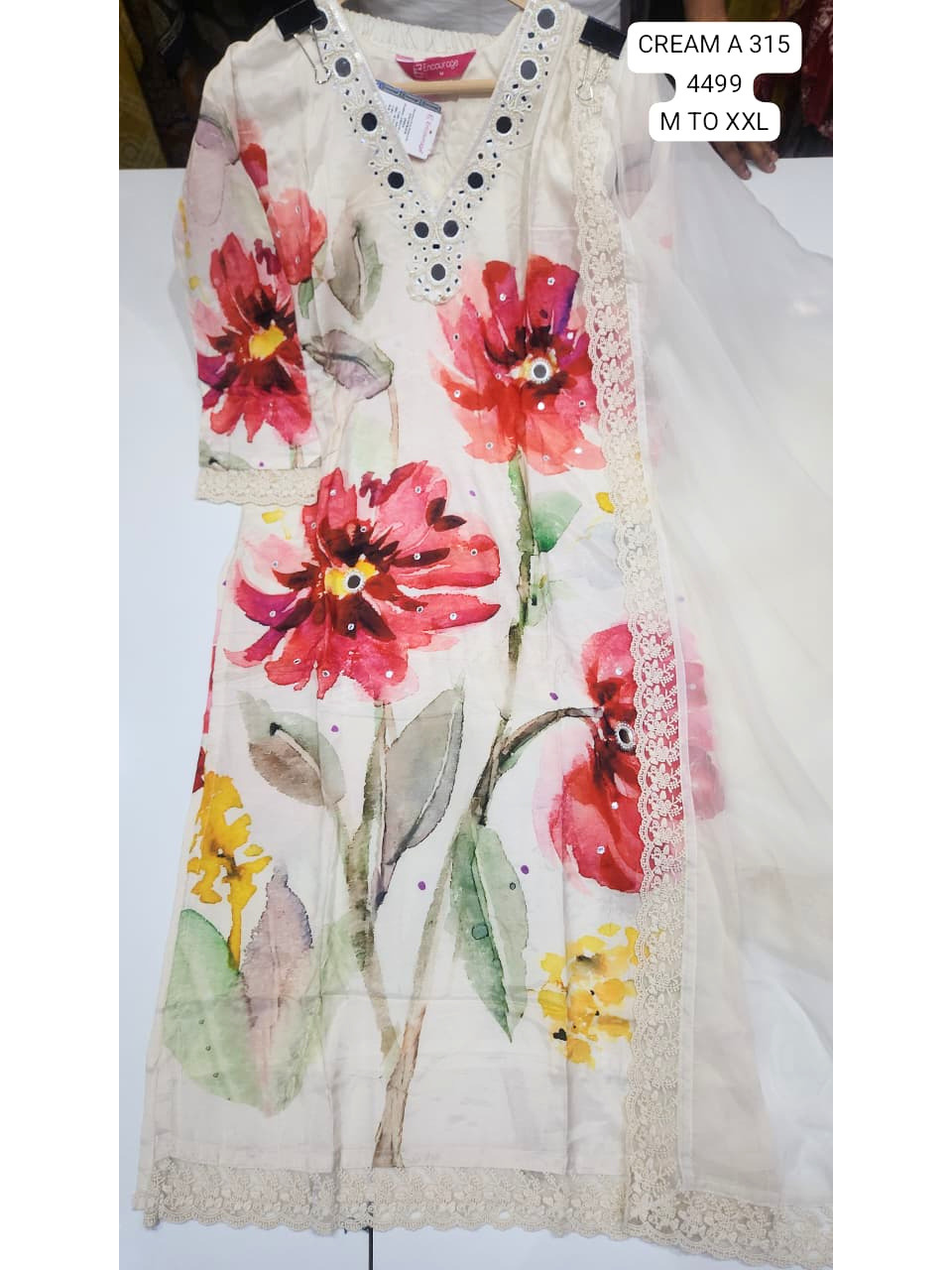 Cream Floral Printed Women’s Kurta Set with Mirror Work & Dupatta – Casual & Festive Wear