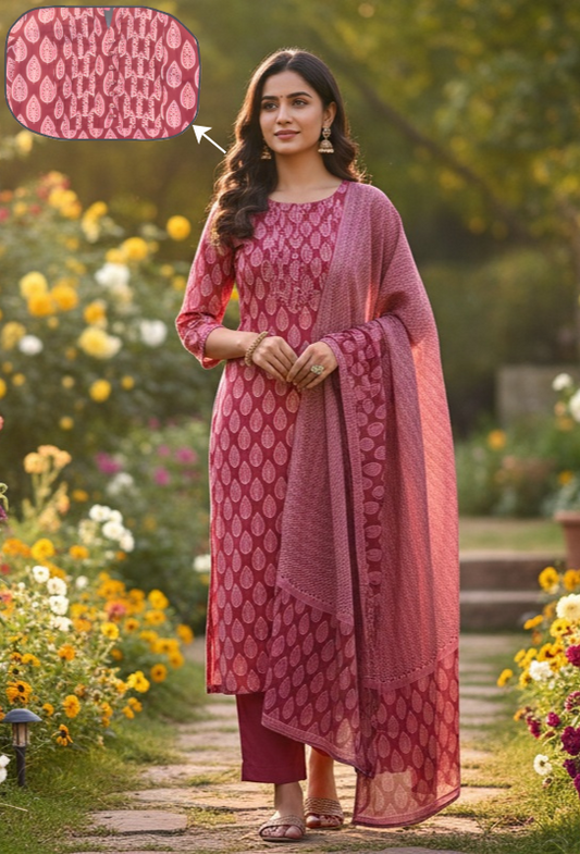 Women's Pink Printed Kurta Set with Dupatta – 3-Piece Ethnic Suit Set