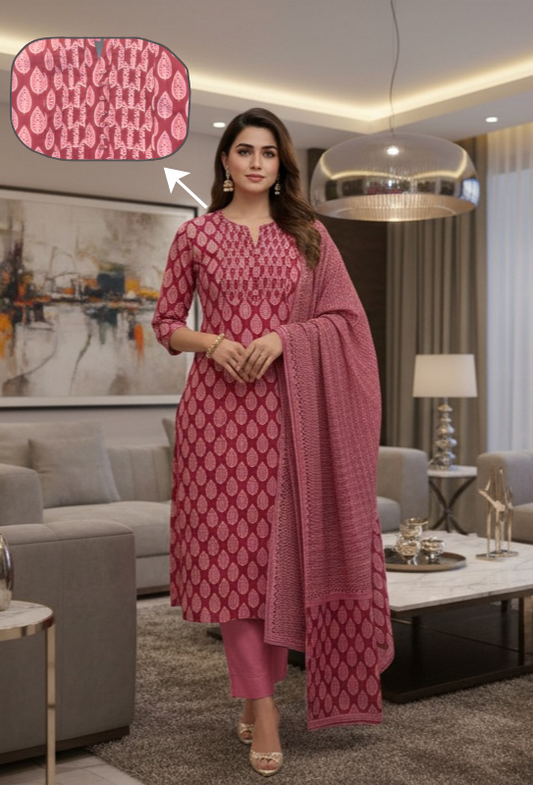 Women's Pink Printed Kurta Set with Dupatta – 3-Piece Ethnic Suit Set