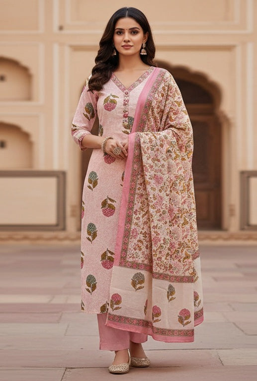 Women's Pastel Pink Floral Printed Kurta Set with Dupatta 3 Piece Suit Set