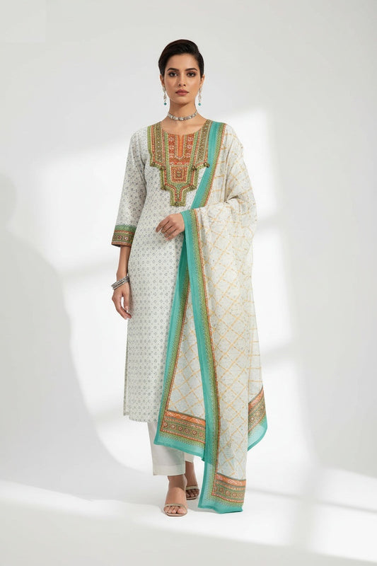 Women Off White Embroidered Kurta Set with Dupatta 3 Piece Suit Set