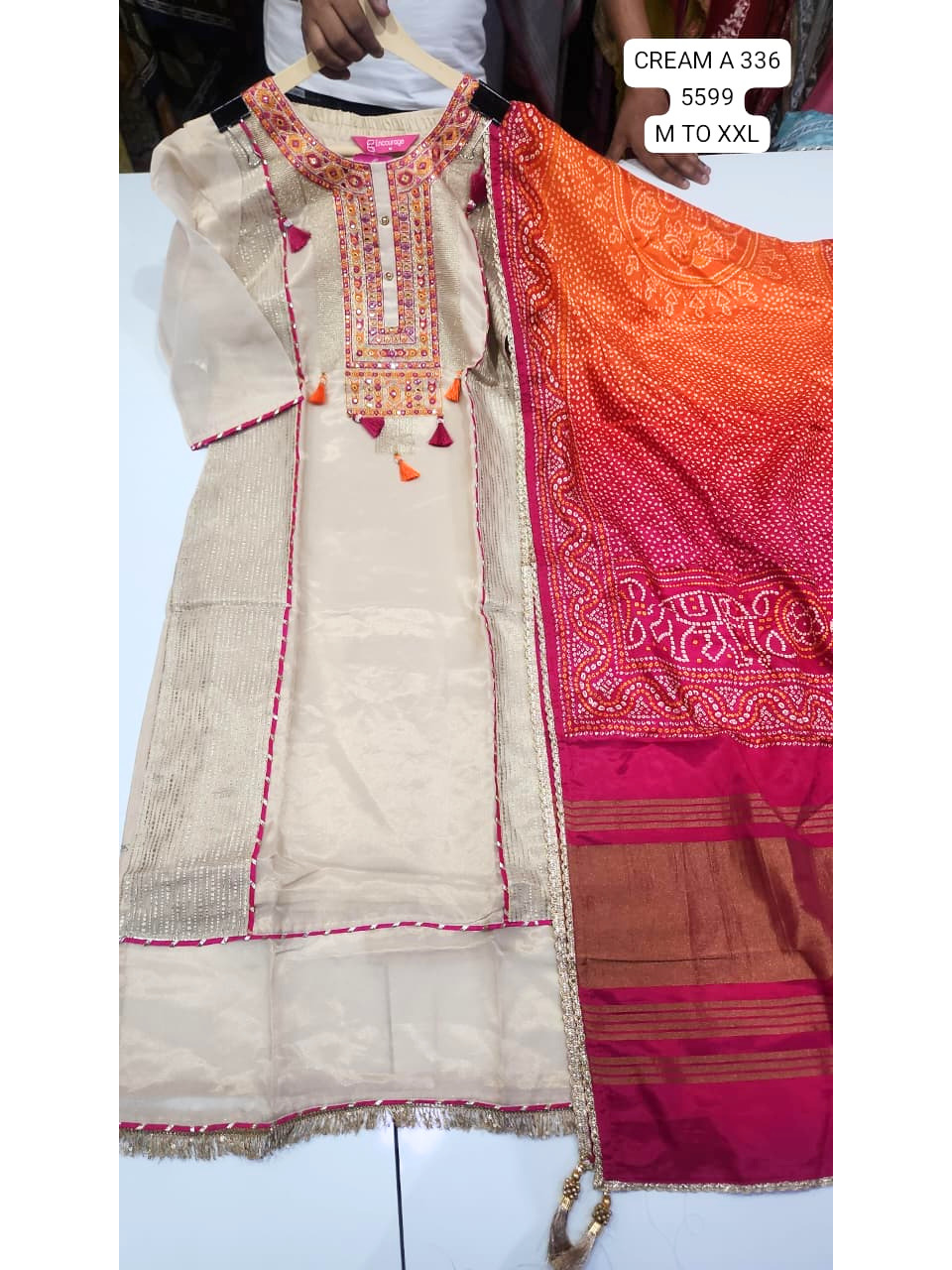 Cream Embroidered Women’s Kurta Set with Bandhani Dupatta – Festive & Party Wear