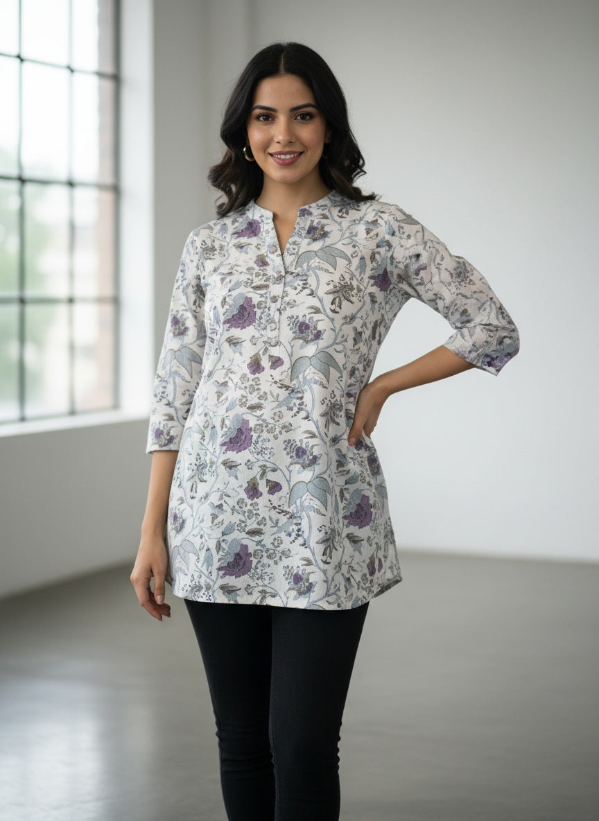 Women’s Short Cotton Kurti Top White Base with Purple Floral Print