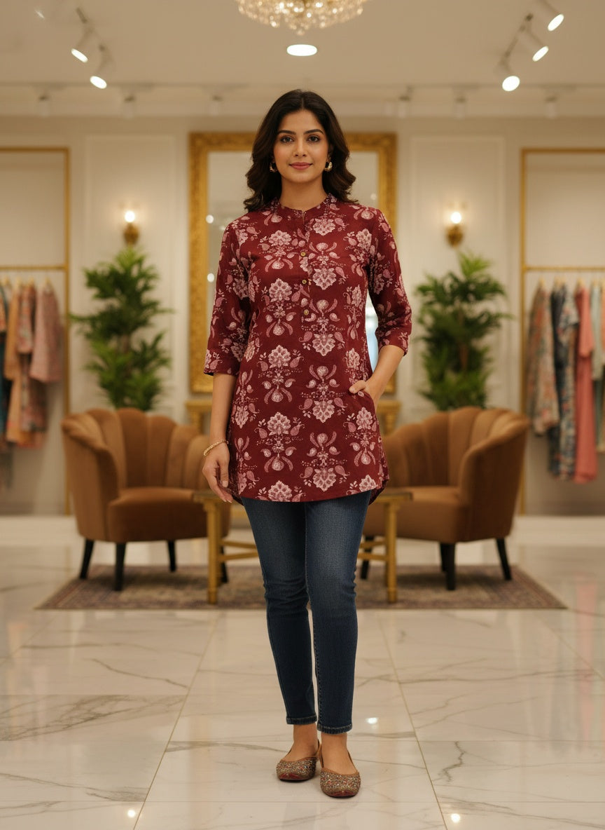Women’s Short Cotton Kurti Top Maroon with Pink Paisley Floral Print