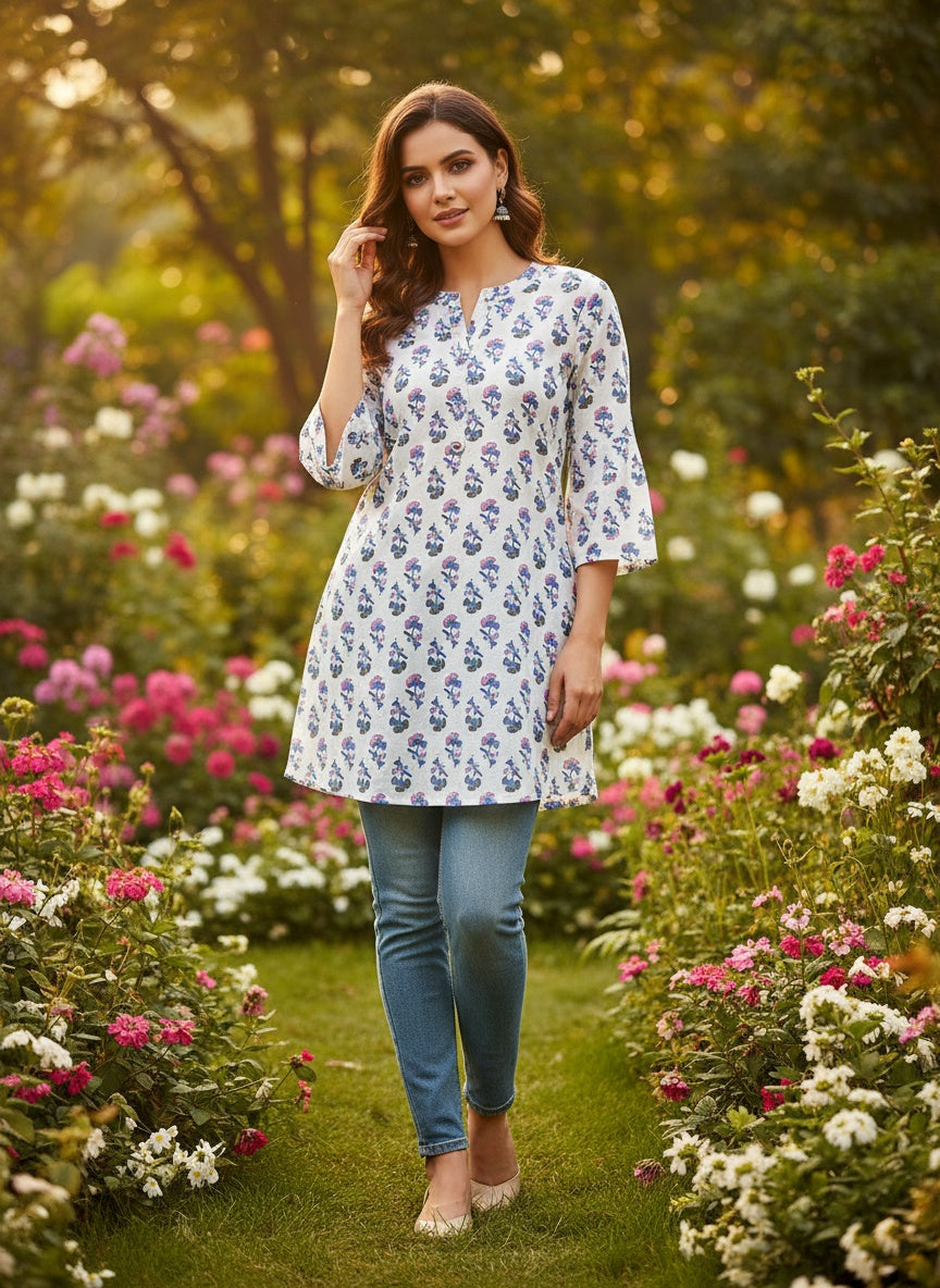 Women’s Short Cotton Kurti Top White with Pink & Blue Floral Buti