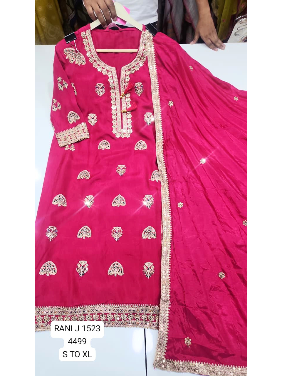 Rani Pink Golden Embroidered Women’s Kurta Set with Dupatta – Festive & Party Wear