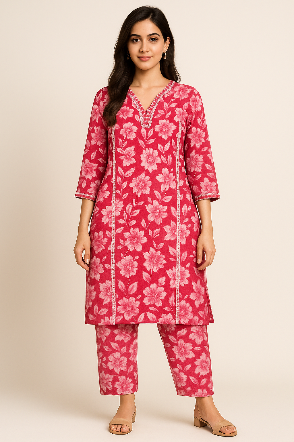 Women’s Pink Floral Cotton Co-ord Set – Kurti & Pant