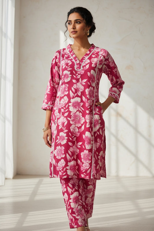Women’s Pink Floral Cotton Co-ord Set – Kurti & Pant