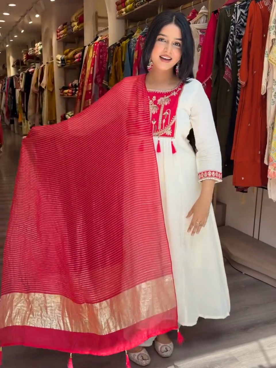 Elegant White & Red Embroidered Anarkali Kurta Set with Dupatta for Women