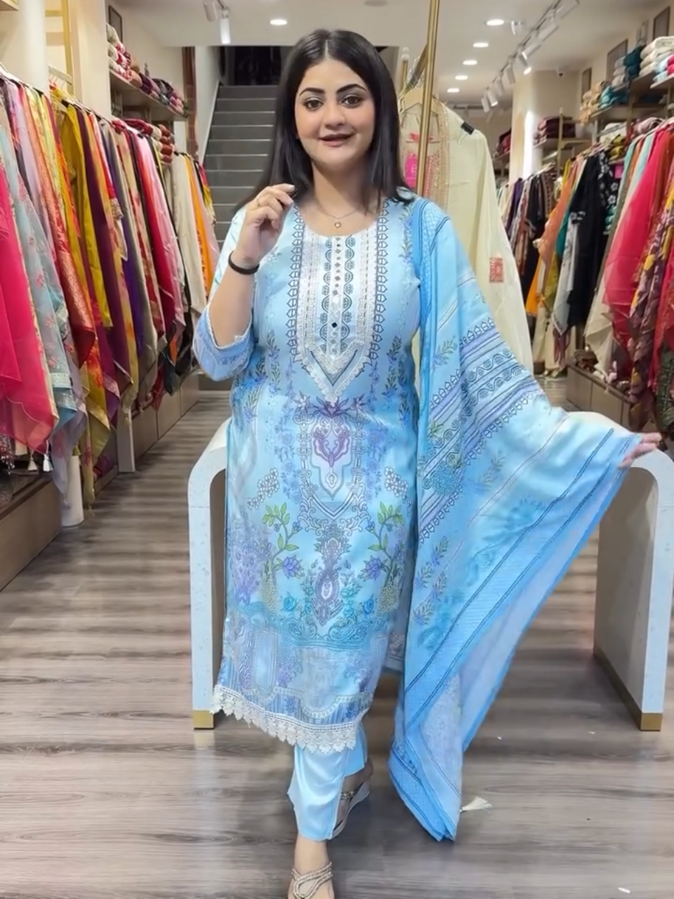 Women Sky Blue Printed Kurta Pant Set with Dupatta | Elegant Ethnic Wear