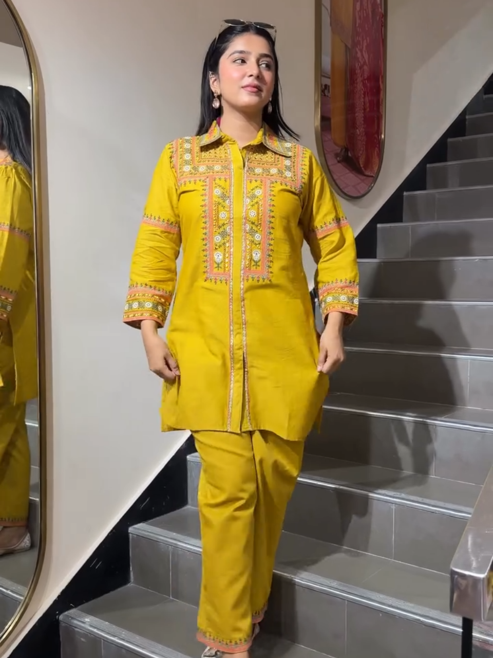 Mustard Yellow Embroidered Co-Ord Kurta Pant Set for Women