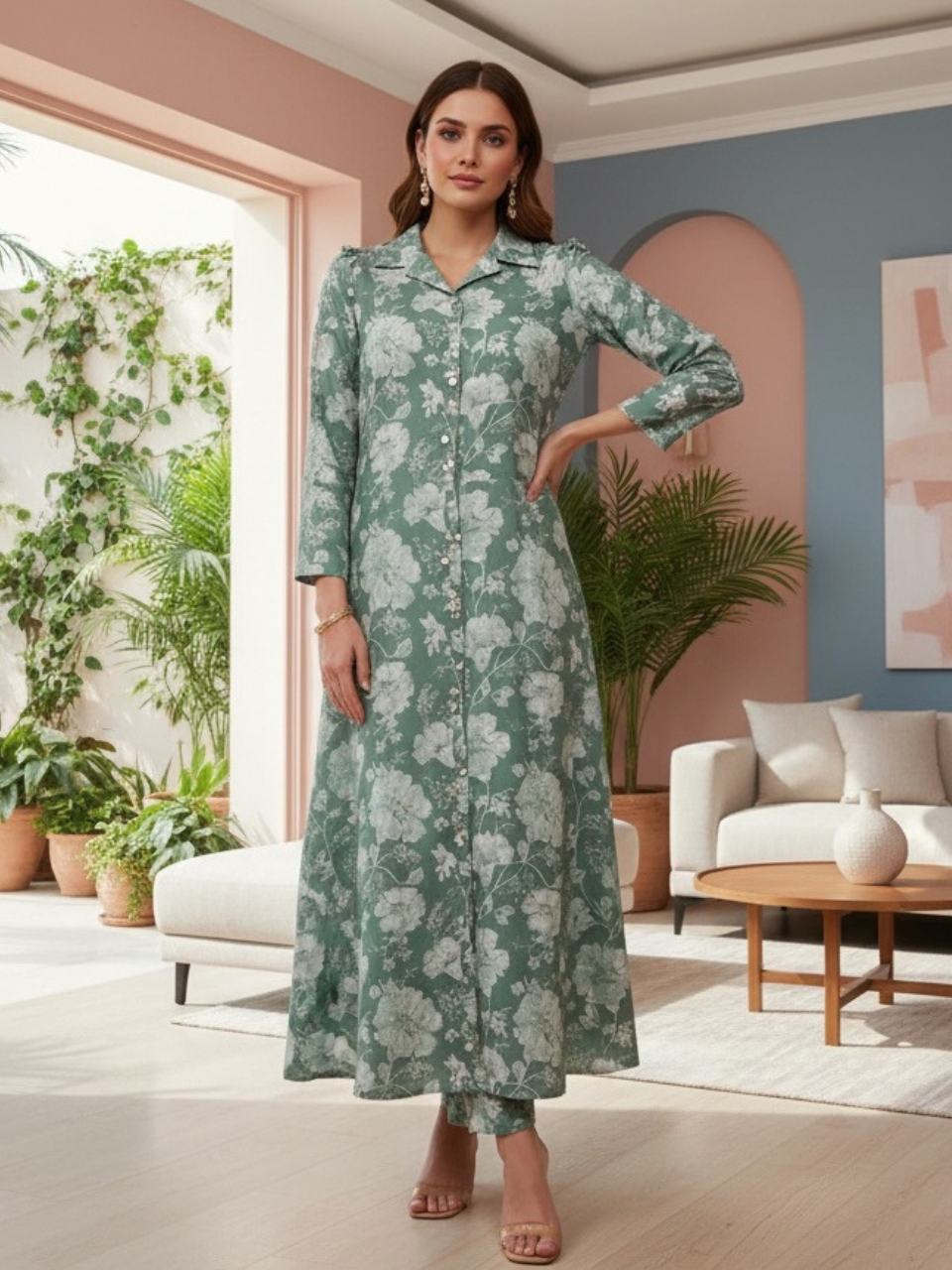 Women's Floral Printed Co-ord Set – Long Kurti with Matching Pants | Elegant Ethnic Wear