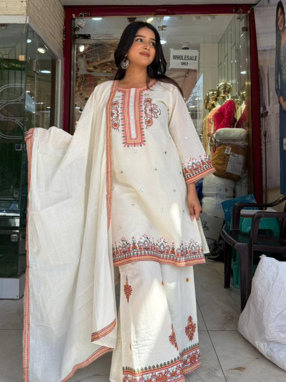 Women Off-White Embroidered Kurta Palazzo Set with Dupatta | Elegant Ethnic Wear
