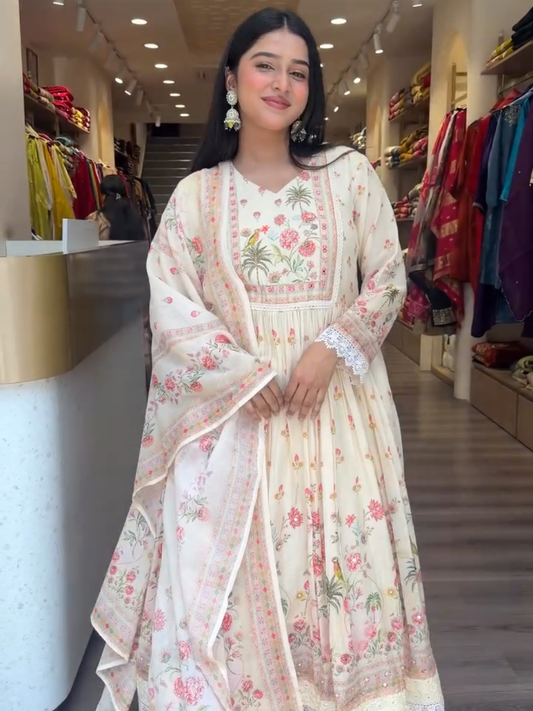 Elegant Floral Anarkali Suit with Dupatta for Women – Cream Pink Ethnic Wear