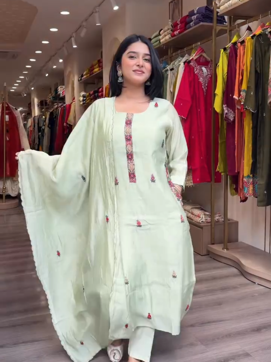 Women Mint Green Embroidered Kurta Pant Set with Dupatta | Elegant Ethnic Wear