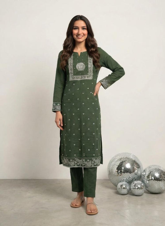Women Dark Green Printed Cotton Kurta Pant Dupatta Set