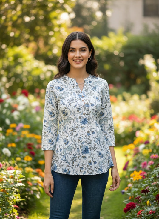 Women’s Short Cotton Kurti Top White with Blue Floral Print