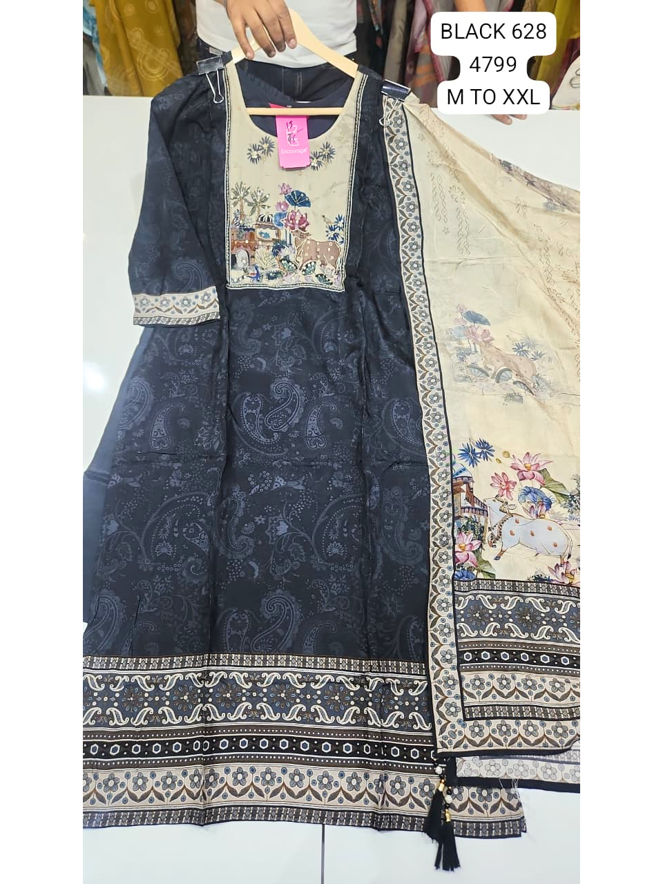 Black Printed Women’s Kurta Set with Embroidered Neckline & Dupatta – Semi-Formal & Festive Wear