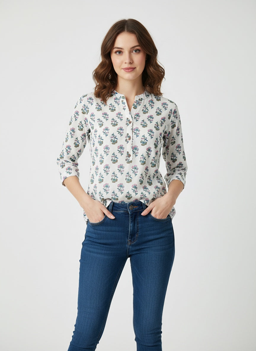 Short Cotton Kurti Top for Women White with Pink & Green Floral Print