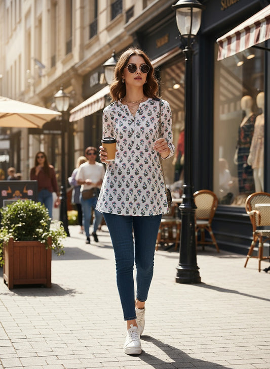 Short Cotton Kurti Top for Women White with Pink & Green Floral Print