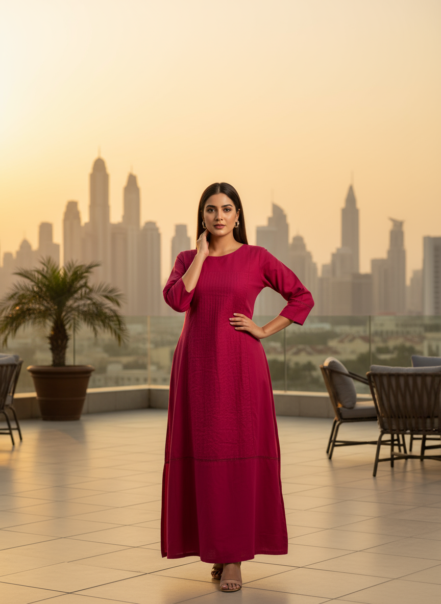 Women Solid Magenta Cotton Long Kurti for Casual & Office Wear