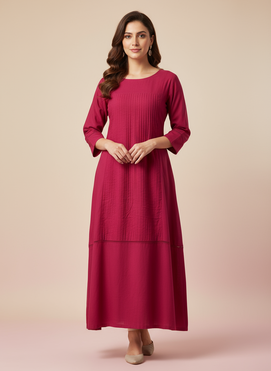 Women Solid Magenta Cotton Long Kurti for Casual & Office Wear