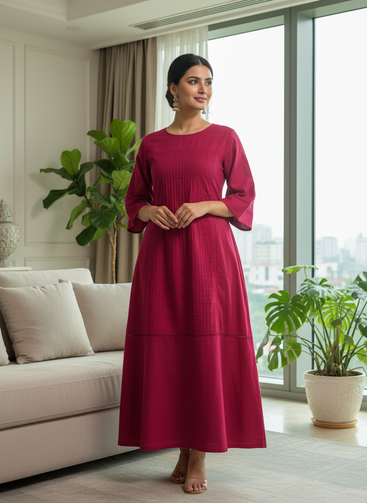 Women Solid Magenta Cotton Long Kurti for Casual & Office Wear