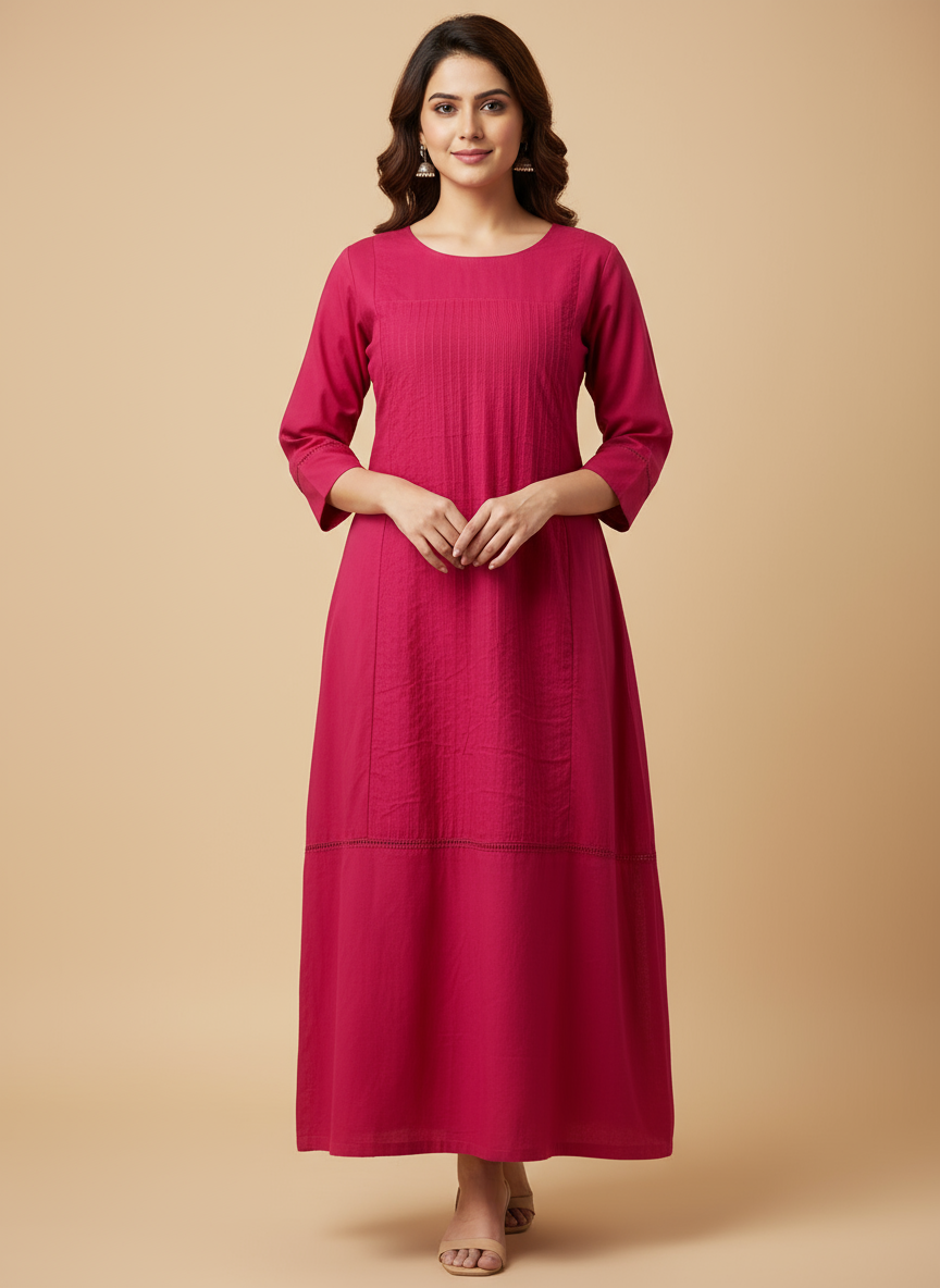 Women Solid Magenta Cotton Long Kurti for Casual & Office Wear