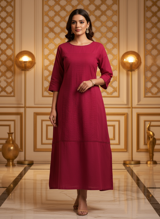Women Solid Magenta Cotton Long Kurti for Casual & Office Wear