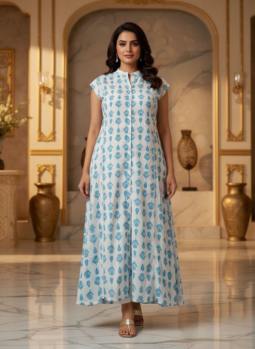 Women White & Blue Cotton Printed Long Kurti for Summer Wear