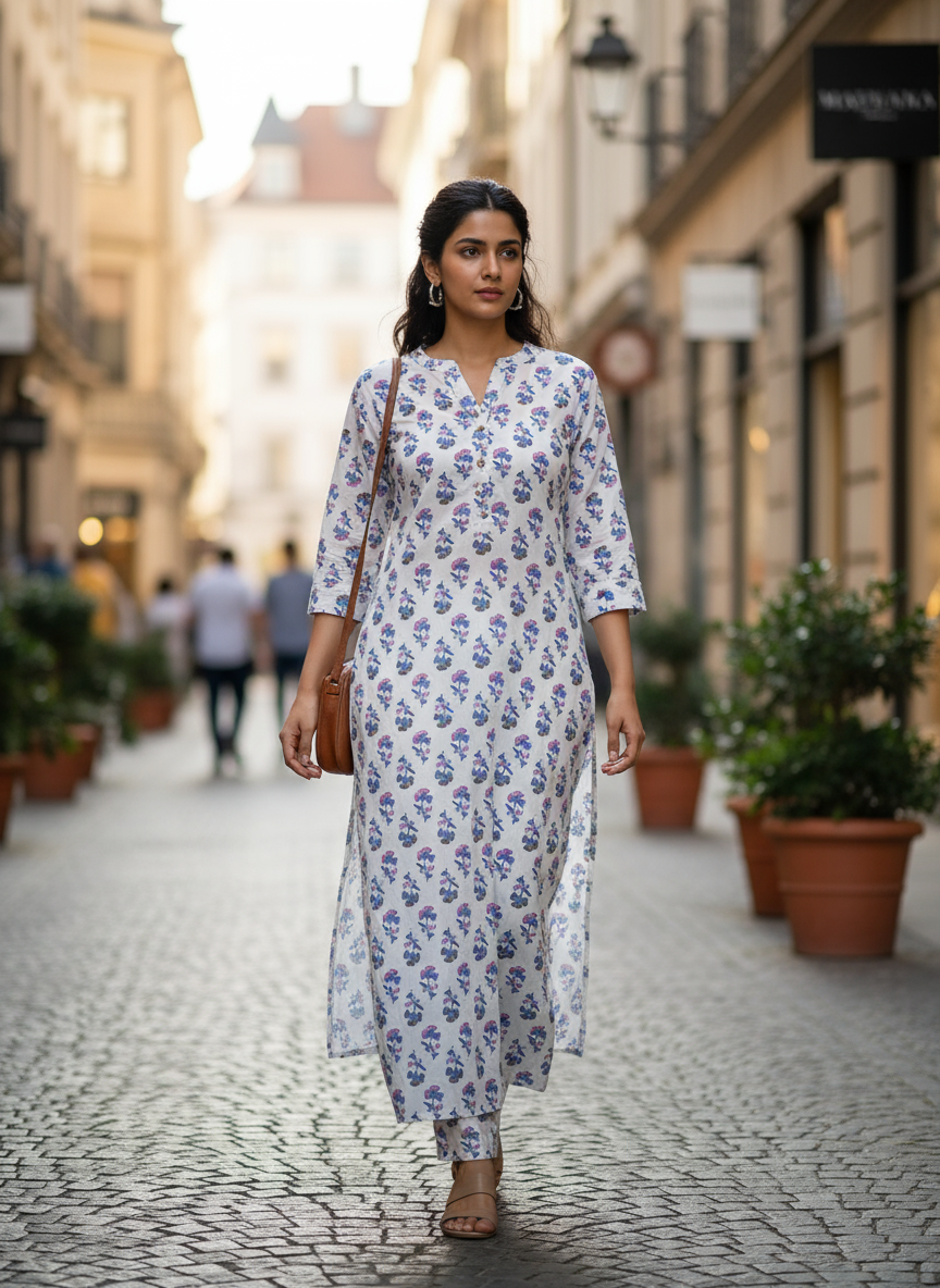 White Cotton Floral Printed Long Kurti Blue & Pink Design