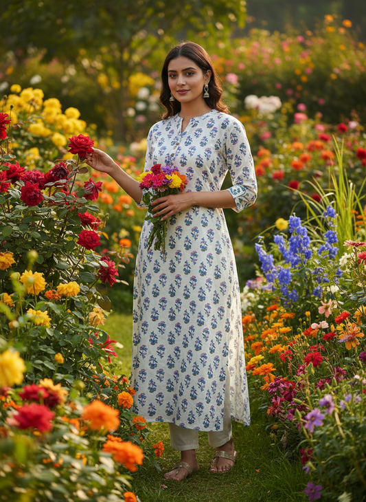 White Cotton Floral Printed Long Kurti Blue & Pink Design
