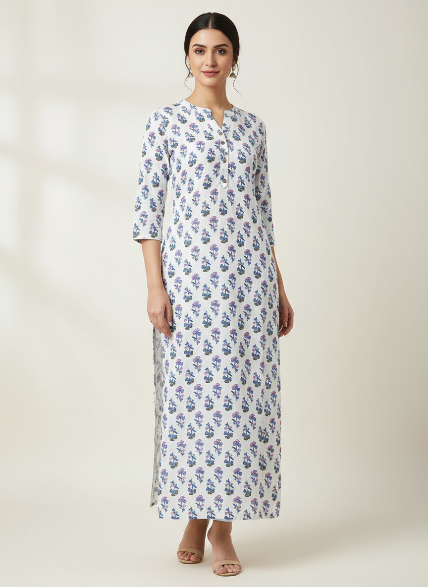 White Cotton Floral Printed Long Kurti Blue & Pink Design