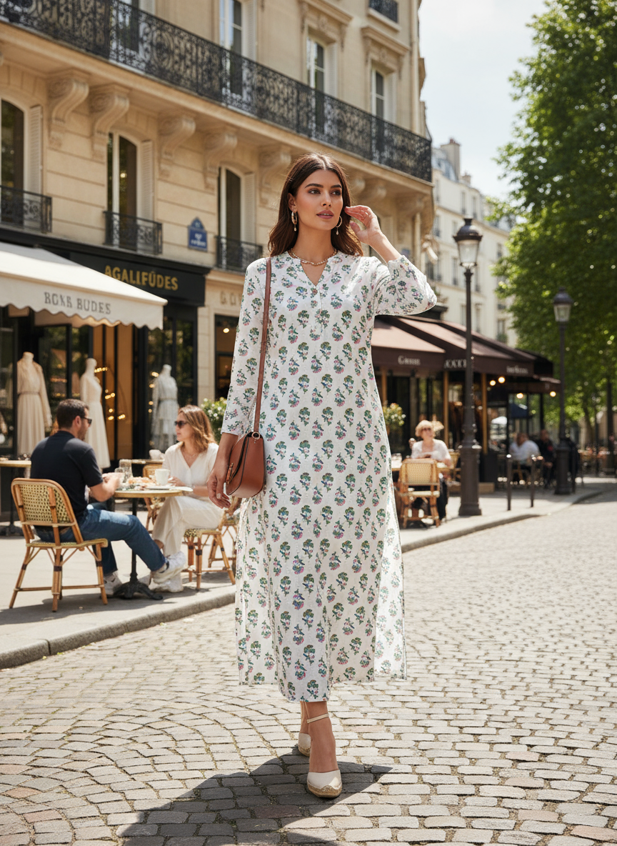 White Cotton Floral Printed Kurti Green & Pink Handblock Style