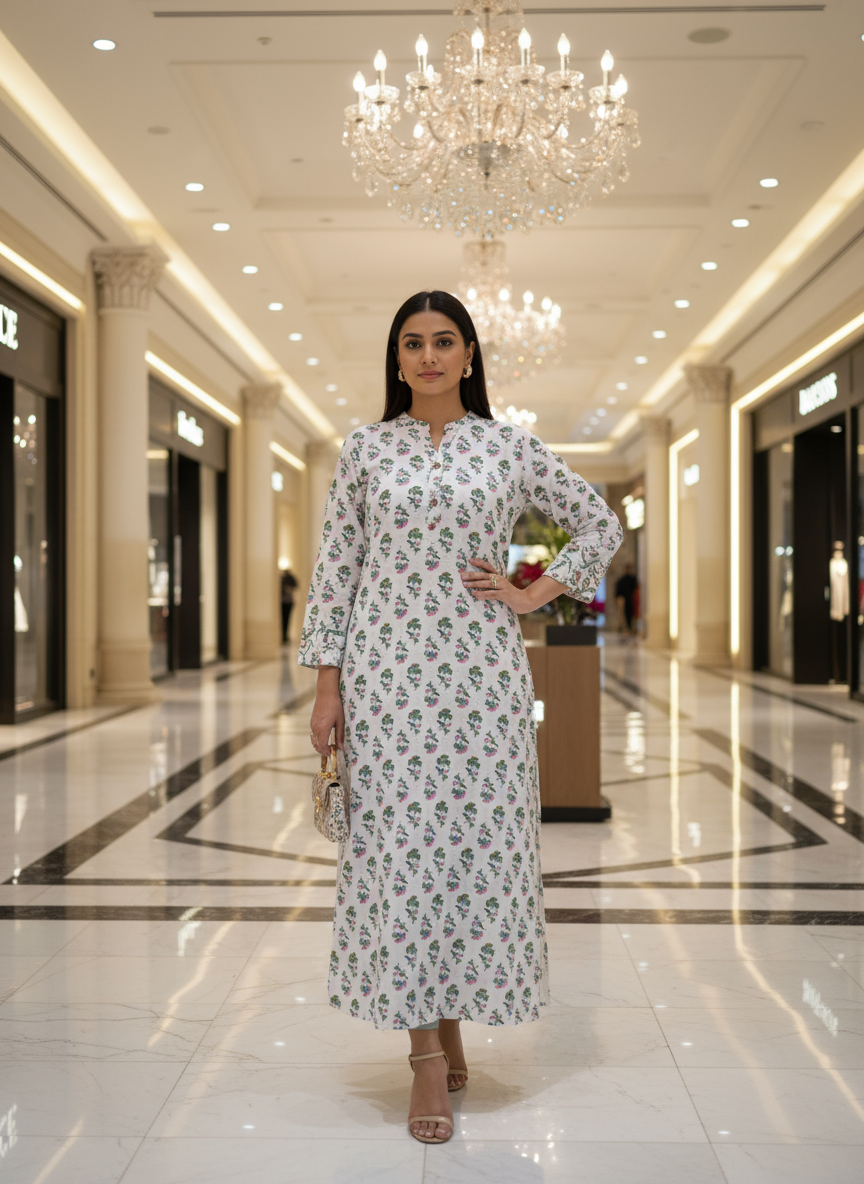 White Cotton Floral Printed Kurti Green & Pink Handblock Style