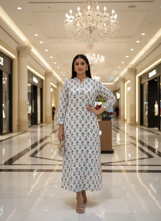 White Cotton Floral Printed Kurti Green & Pink Handblock Style