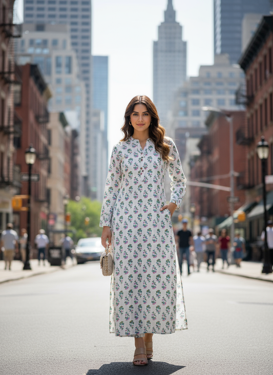 White Cotton Floral Printed Kurti Green & Pink Handblock Style