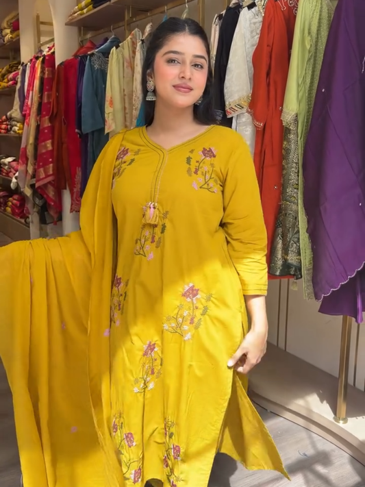 Mustard Yellow Embroidered Kurta Pant Dupatta Set for Women
