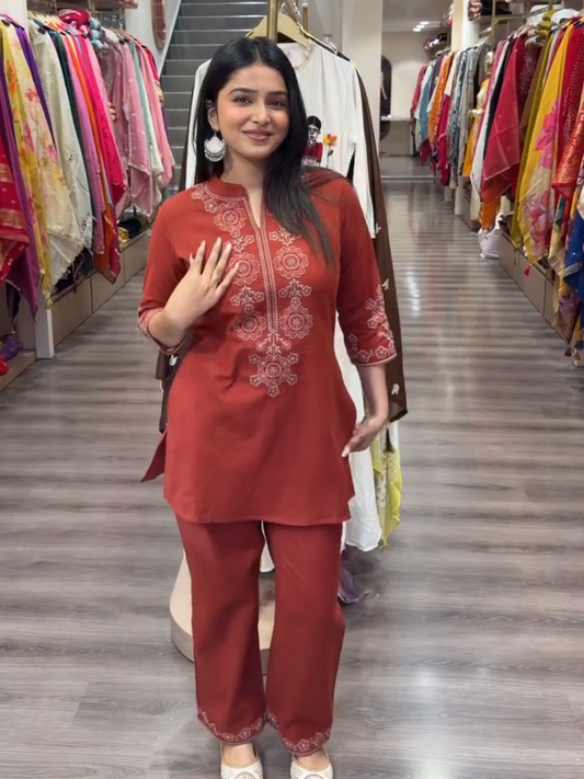 Rust Red Embroidered Kurta Pant Set for Women | Elegant Festive Ethnic Wear