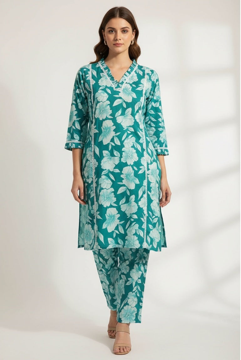 Women’s Aqua Green Floral Cotton Co-ord Set – Kurti & Pant