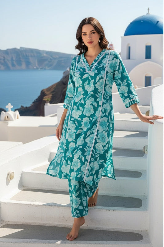 Women’s Aqua Green Floral Cotton Co-ord Set – Kurti & Pant