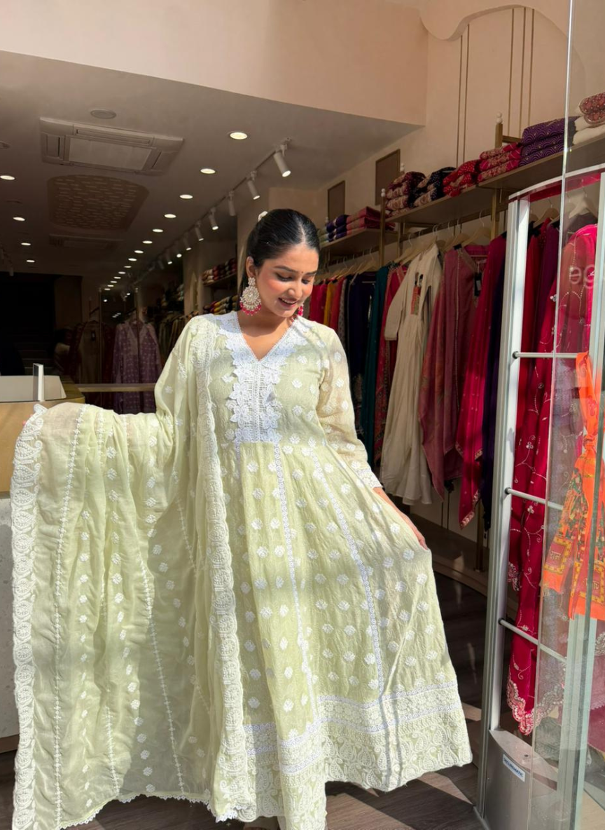 Pastel Green Chikankari Anarkali Kurta Set with Dupatta – Elegant Festive Wear