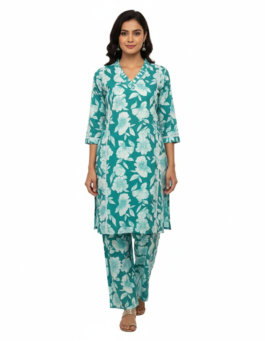 Women’s Aqua Green Floral Cotton Co-ord Set – Kurti & Pant