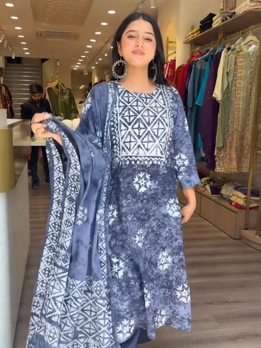 Blue Geometric Printed Kurta Set with Dupatta for Women | Trendy Ethnic Wear